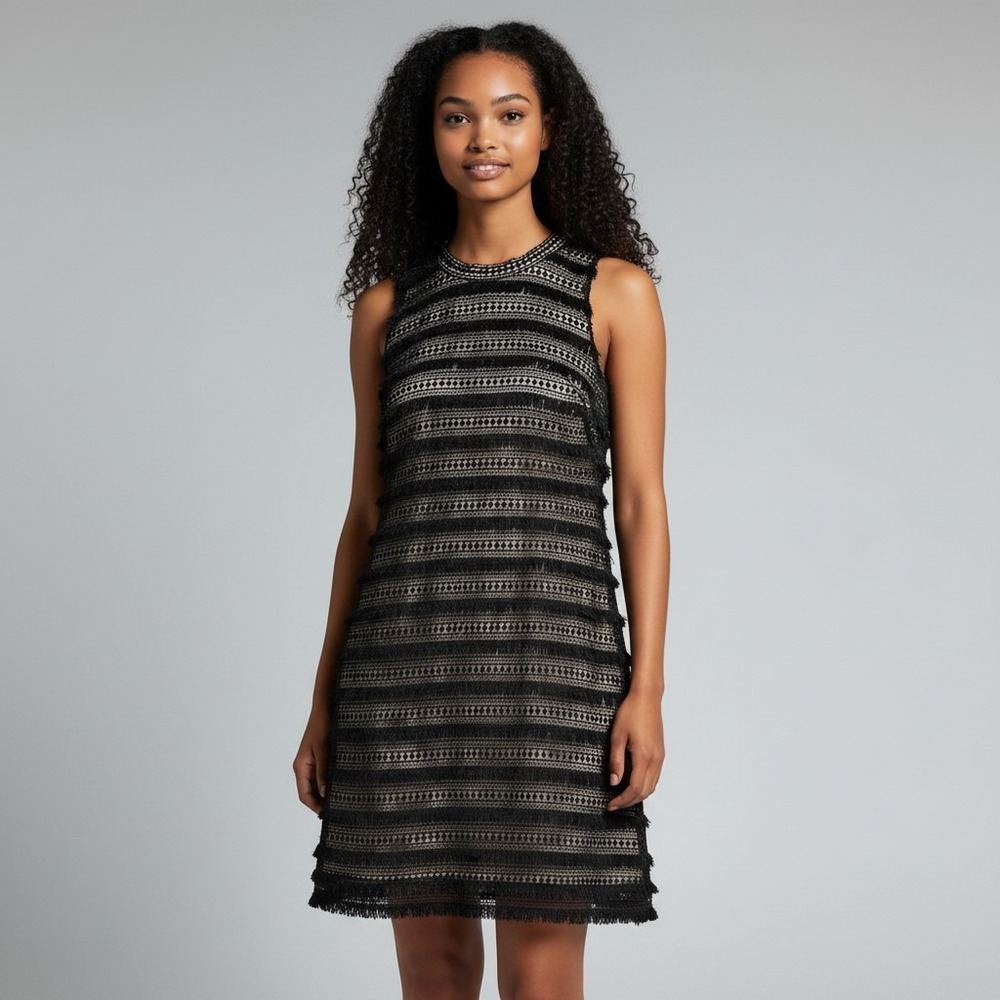 J.Crew‎ Womens Black Fringe Sleeveless Shift Dress Size 10 High Neck Zip Back
